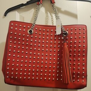 Charming Charlie Red, Studded tote bag with tassel